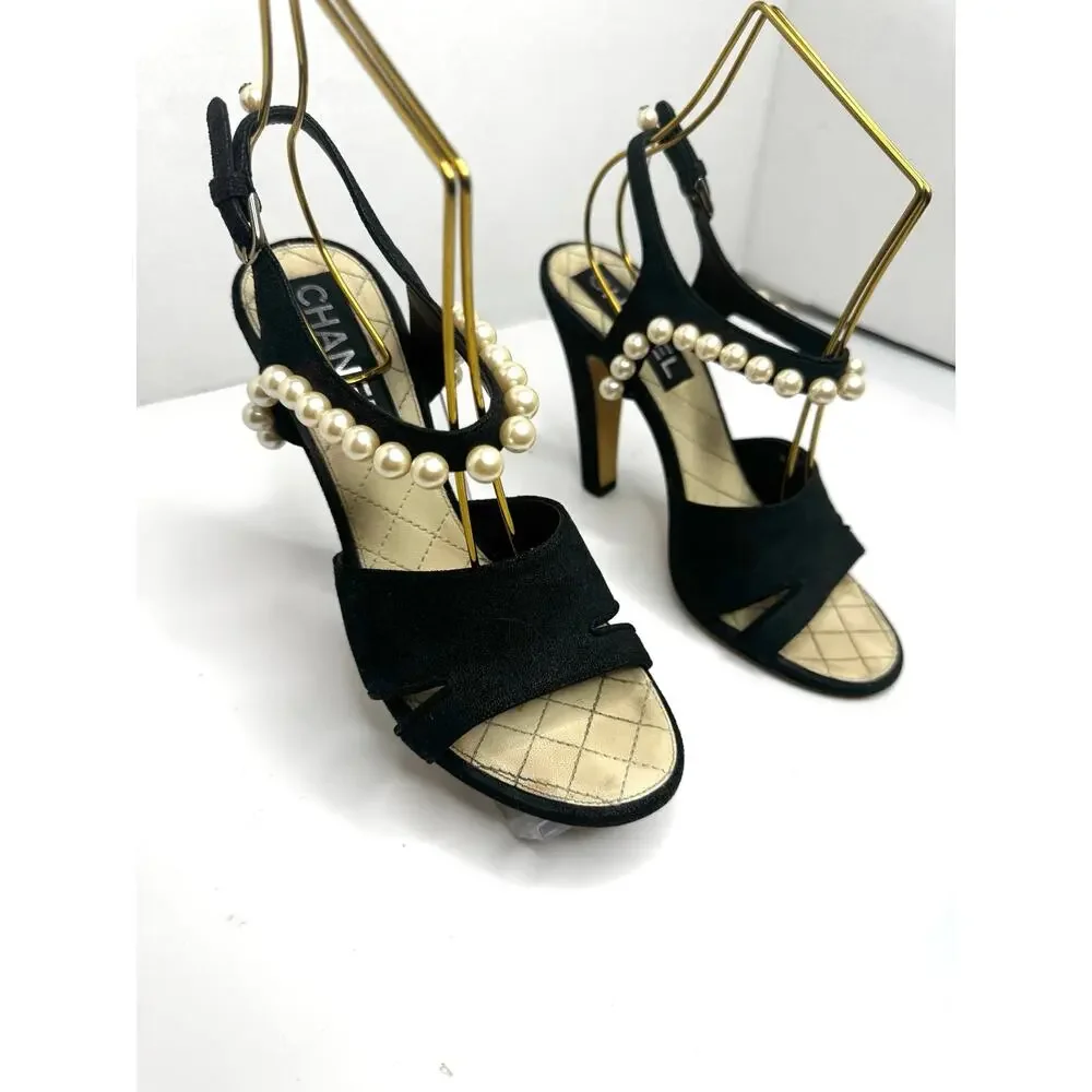 Chanel Black Grosgrain Faux Pearl Slide Sandals CC Logo EU 37.5